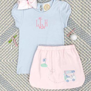 The Beaufort Bonnet:  Susanne Skirt - Golf Cart Applique Palm Beach Pink- 3T